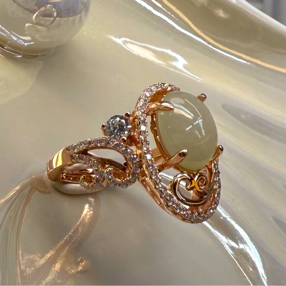 RJD1 Handmade Natural GRADE A “Mutton Fat Jade” Jadeite Ring 18K Rose Gold S925